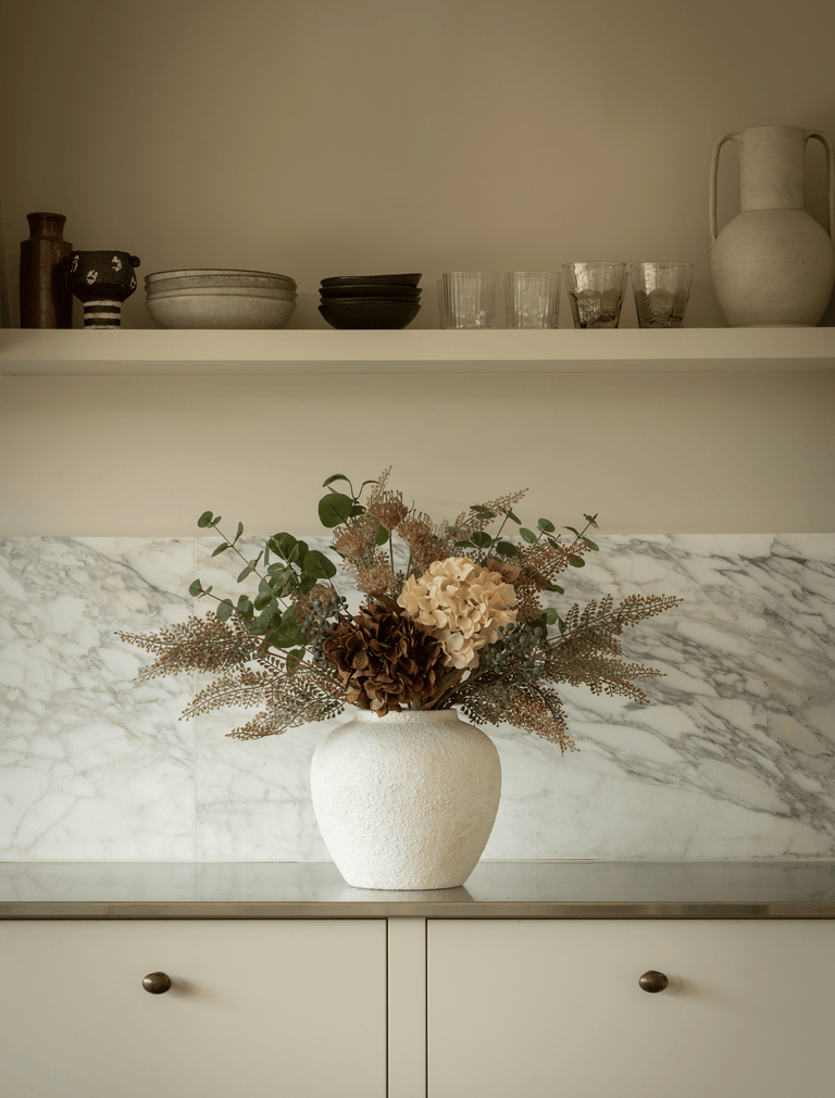 Faux Arrangement - Taupe Fern Spray & Cream Hydrangeas