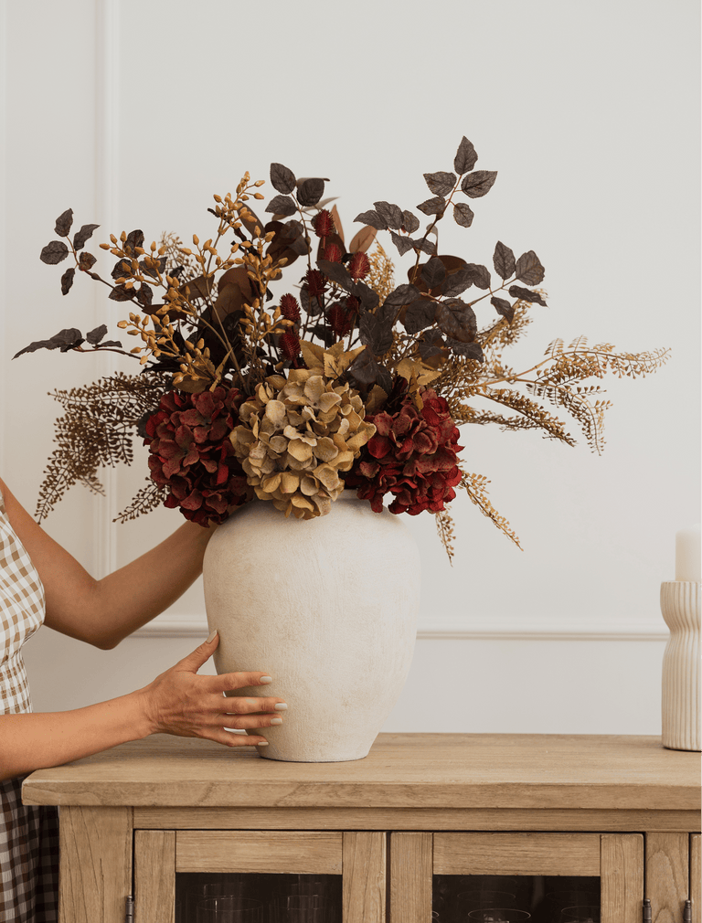 Faux Arrangement - Natural Fern Spray & Maroon Hydrangea