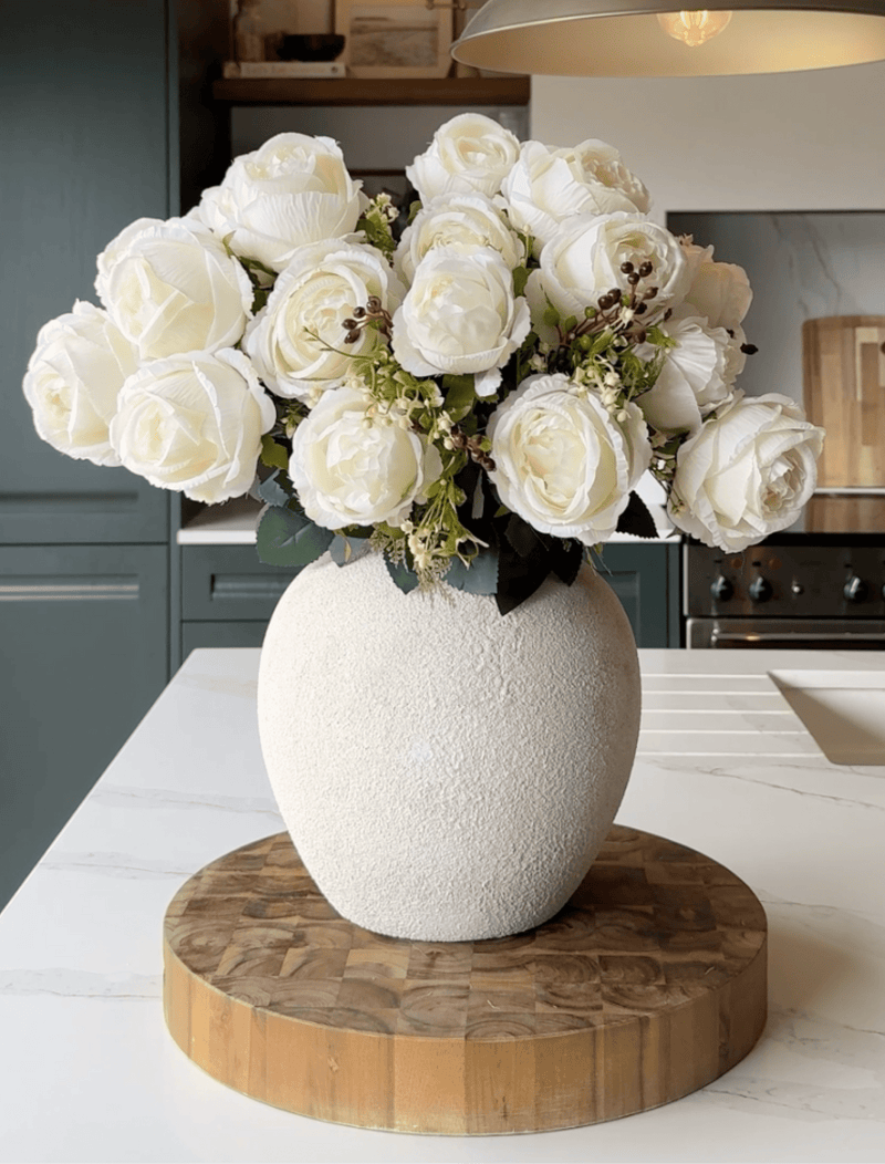 Faux Large Rose Arrangement - White Ivory (3 Stems/21 Roses)